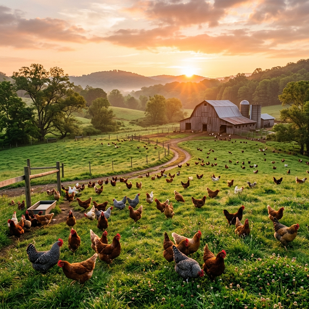 Free range chicken farm pasture sunrise