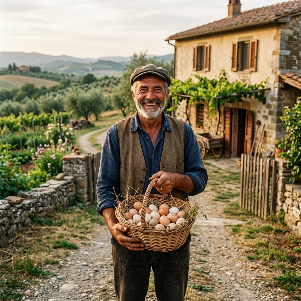 Farmer holding basket of fresh eggs